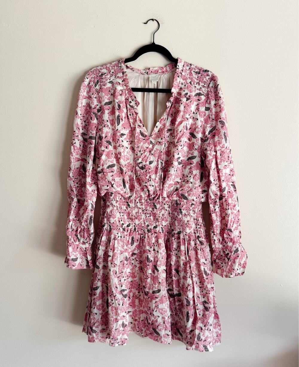 Evereve Roan & Ryan Pink + White Floral Shirred V Neck Mini Dress Large
